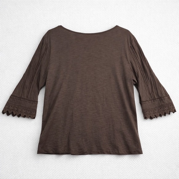 J. Jill Brown Lace Trim 3/4 Sleeve Pleated Knit Top Womens Size Large L - Picture 2 of 11